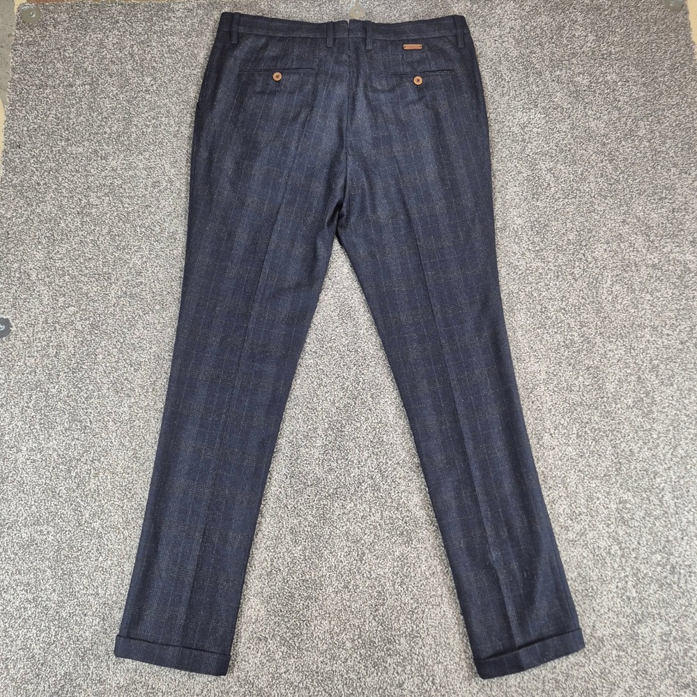 Alberto Pleated Dress Pants Mens 32x32 Navy Plaid Slim Fit Wool Blend Cuffed - Picture 2 of 10